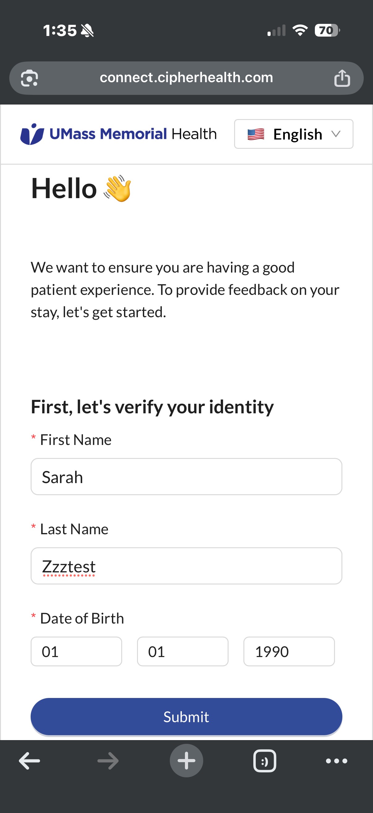 A phone screenshot of a survey from UMass Memorial Health asking for identity verification.