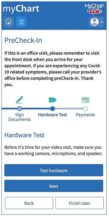 A mobile screen shot of the beginning of myChart's PreCheck-In feature.