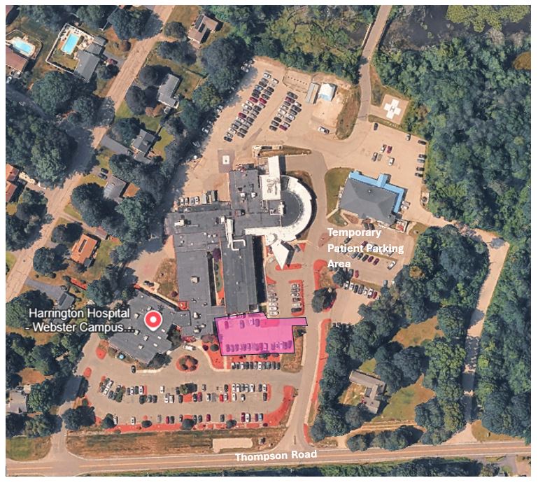 A top down map of the Webster campus. An area highlighted in pink shows the project, while another parking lot is labeled "Temporary Patient Parking Area."