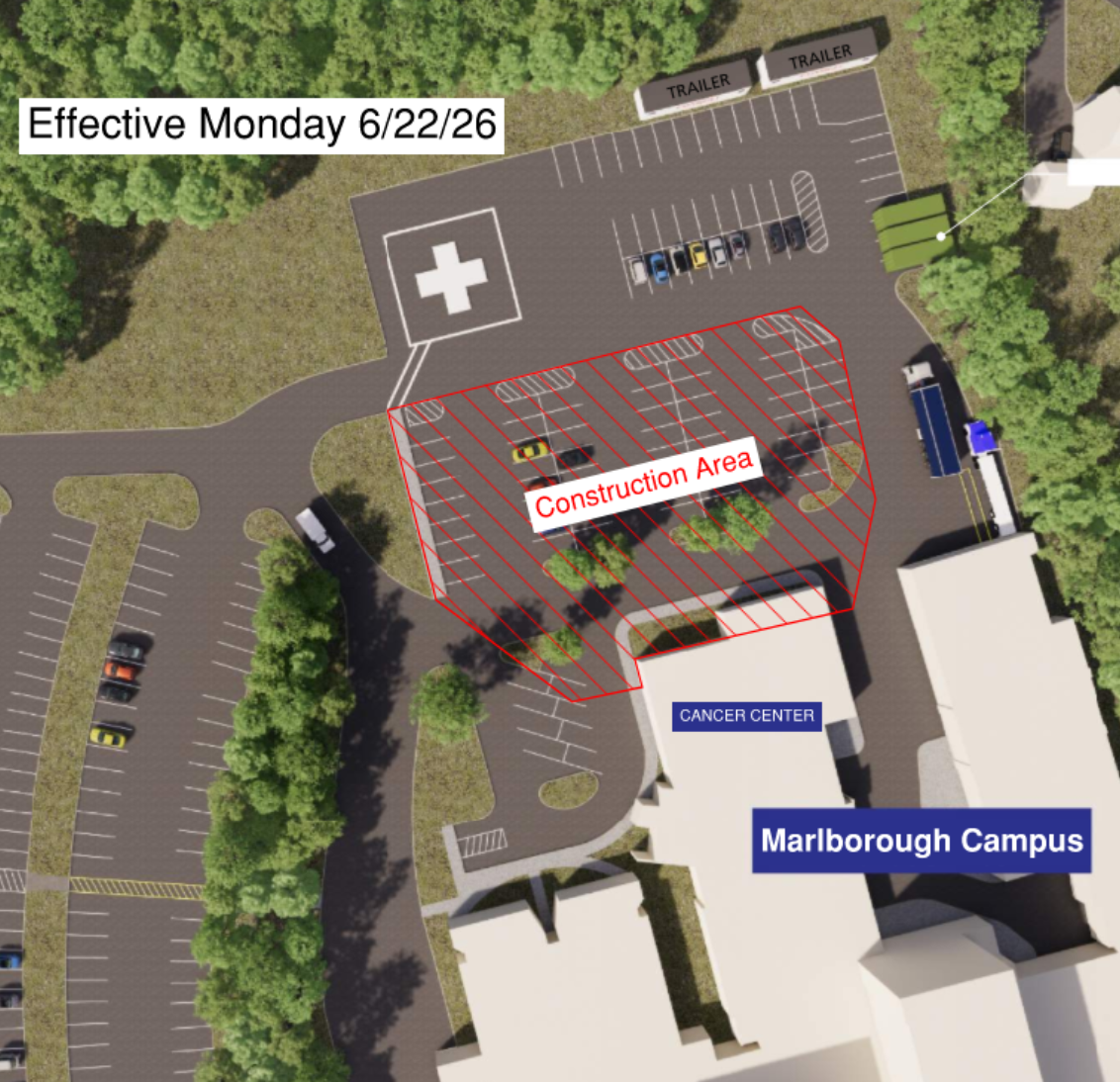 An aerial map view of the affected construction area of the Marlborough Campus. The affected area shows the parking lot area in front of the main building.