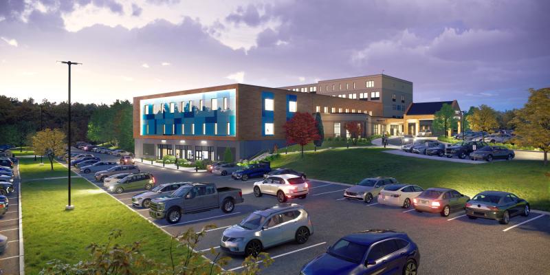 Artist rendering of the Marlborough campus exterior, at night, where the Emergency Department is located.