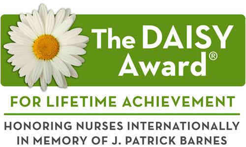 The green DAISY Award logo with the text 'For lifetime achievement. Honoring nurses internationally in memory of J. Patrick Barnes.'