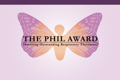 A purple butterfly with the text 'The PHIL Award. Honoring outstanding respiratory therapists' on a lavender background.