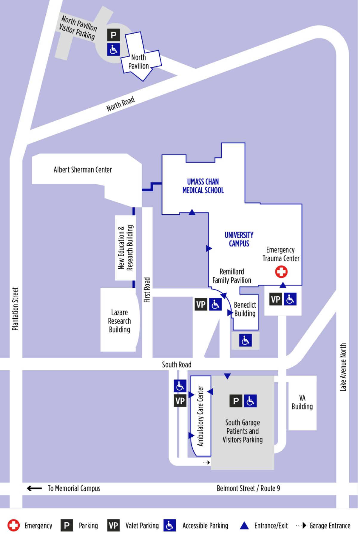 Parking locations at the University Campus including the North Pavilion.