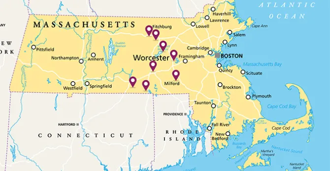 Map of Massachusetts showing locations throughout Central Mass