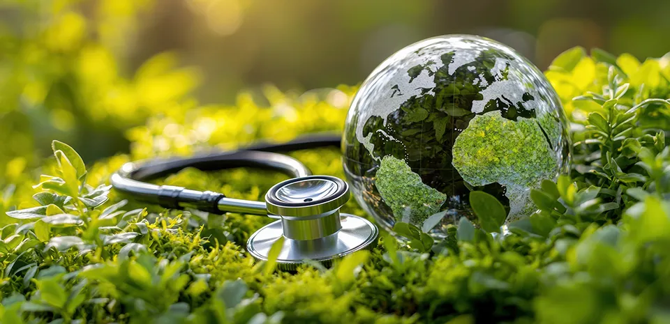 A small, glass globe and a stethoscope atop some lush greenery represent UMass Memorial Health's Sustainability Initiative. 