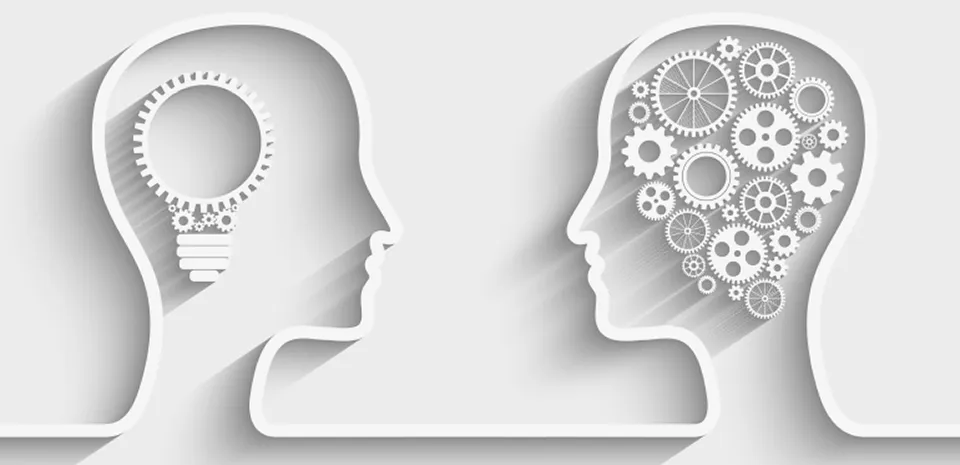 representation of two heads 1 with a light bulb and 1 with gears