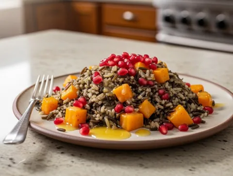 wild rice, butternut squash, and pomegranate seeds on a ceramic plate on a kitchen counter