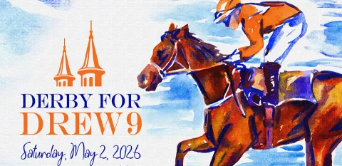 A painted canvas depicts a jockey on a horse, riding a horse.  The Derby's logo and date of Saturday, May 2, 2026, appear to the left.