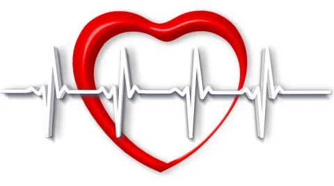 A graphic representation of blips on a heart monitor, with the outline of a heart in the background.