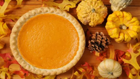 A pumpkin pie is sitting on a table with smaller pumpkins, leaves and pinecones.