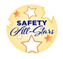 A yellow circle with white and orange stars reads 'Safety All-Stars.'