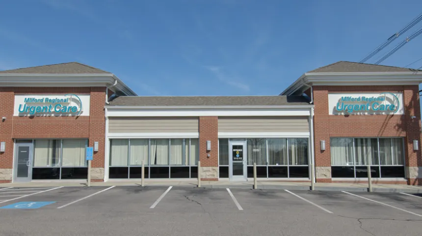 An exterior photo of the Milford Regional Urgent Care location in Milford, Massachusetts