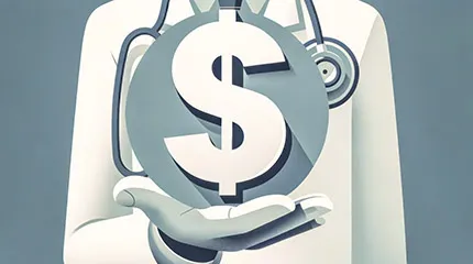 A doctor holds a large, round sign of a disc with a dollar sign on it.