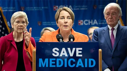 Governor Maura Healey appeared at the Cambridge Health Alliance Revere Care Center along with Senators Elizabeth Warren and Ed Markey on Tuesday.