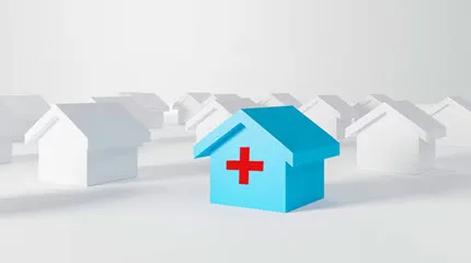 Graphic depicting a blue home among white ones that has a red cross representing hospital at home.