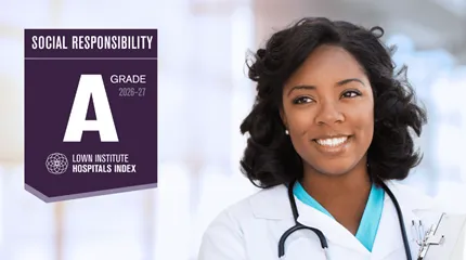 A healthcare worker is to the right of the Social Responsibility A Grade badge for 2026-2027.