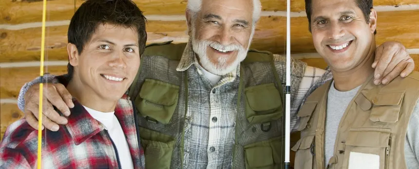 dad with 2 adult sons ready to go fishing