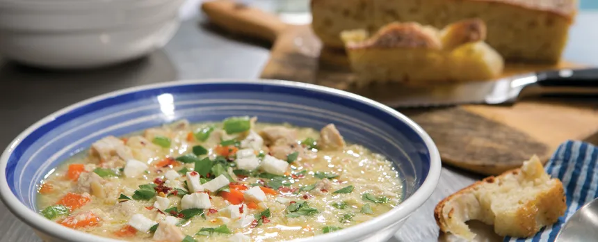 Bowl of Avgolemono Soup also called Greek Lemon Chicken Soup