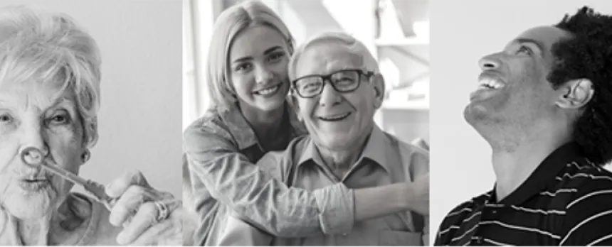 Three black and white images are side by side, on the left is a mature woman blowing bubbles, the middle is a young woman hugging a mature man, the right is an adult looking up and laughing.