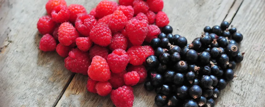 A red raspberry heart is next to a black currant heart on a wooden table.