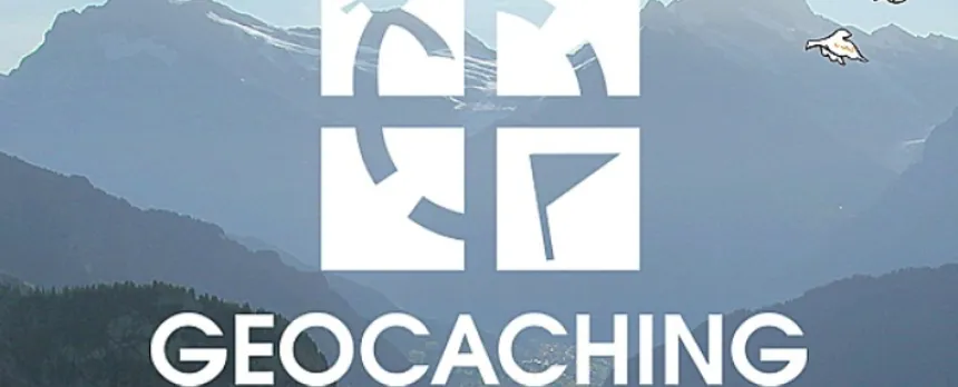 A mountain range is shown with the text 'Geocaching' and the Geocaching.com logo.