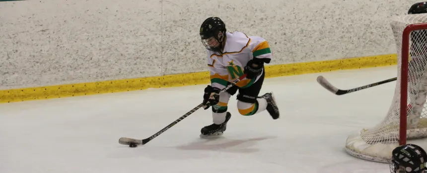 A hockey player is skating on the ice.