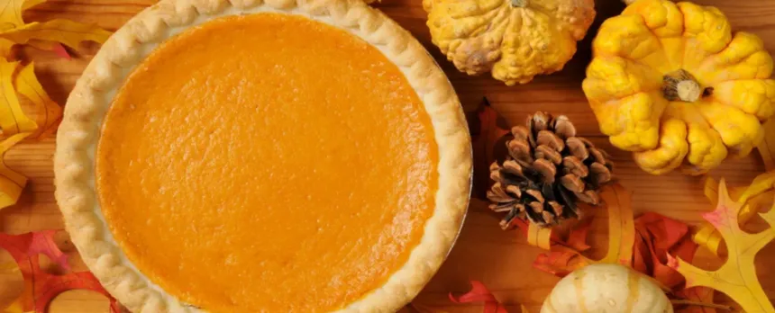 A pumpkin pie is sitting on a table with smaller pumpkins, leaves and pinecones.